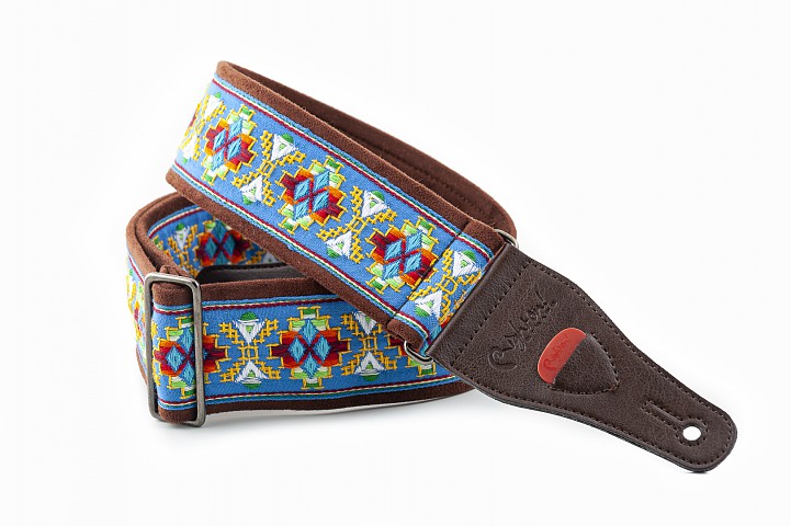 Model LOLLAPALOOZA II Blue, guitar and bass strap made of 6 cm wide, anti-slip technical microfiber on the inside, 2 mm thick low density latex padding, decorated with vintage style embroidered jacquard.